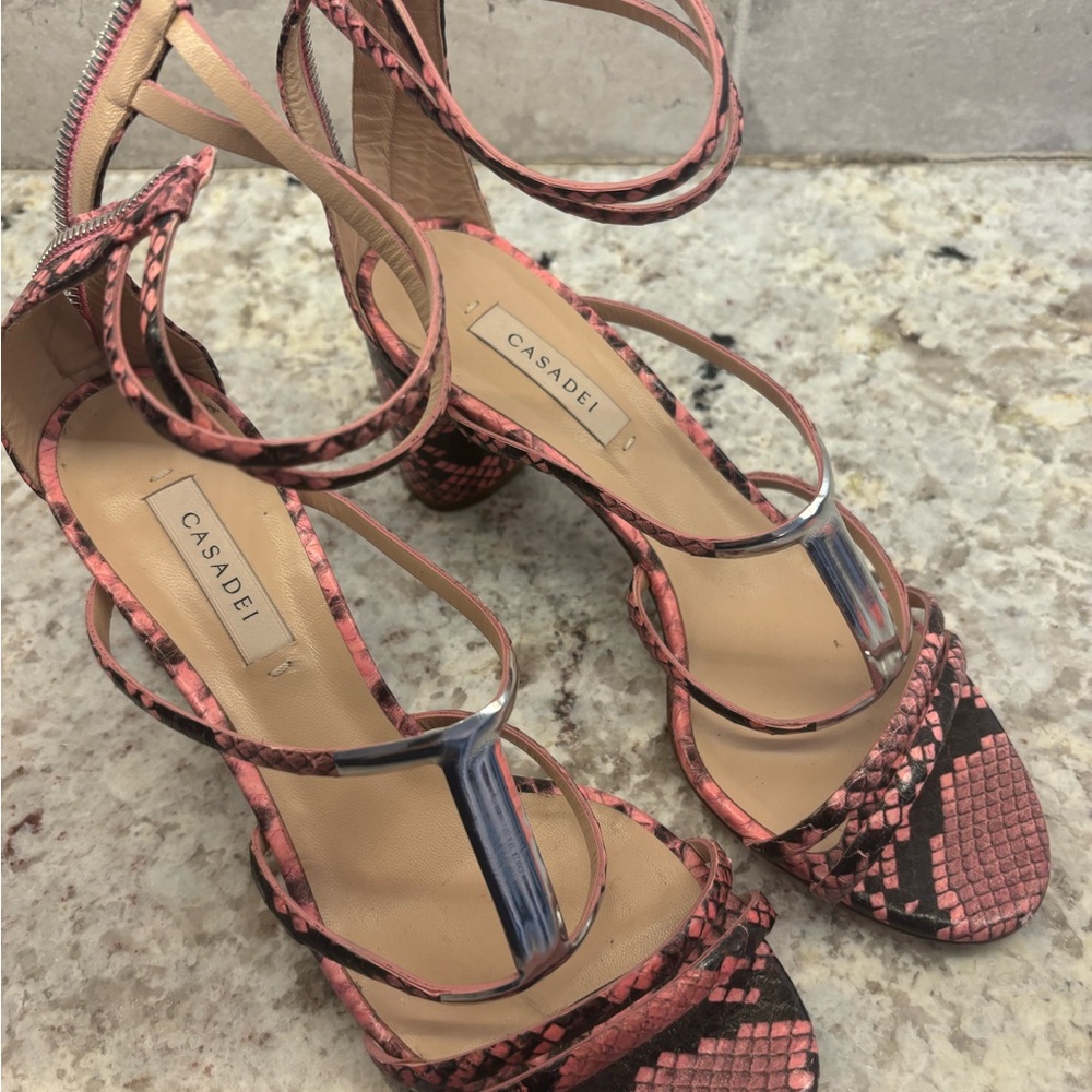 Casadei Pink Snake-Print Leather Strappy Sandals with Metallic T-Bar